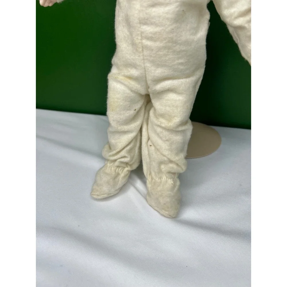 Vintage Porcelain Boy Doll Singing Yawning Open Mouth Cream Sleeper with Stand